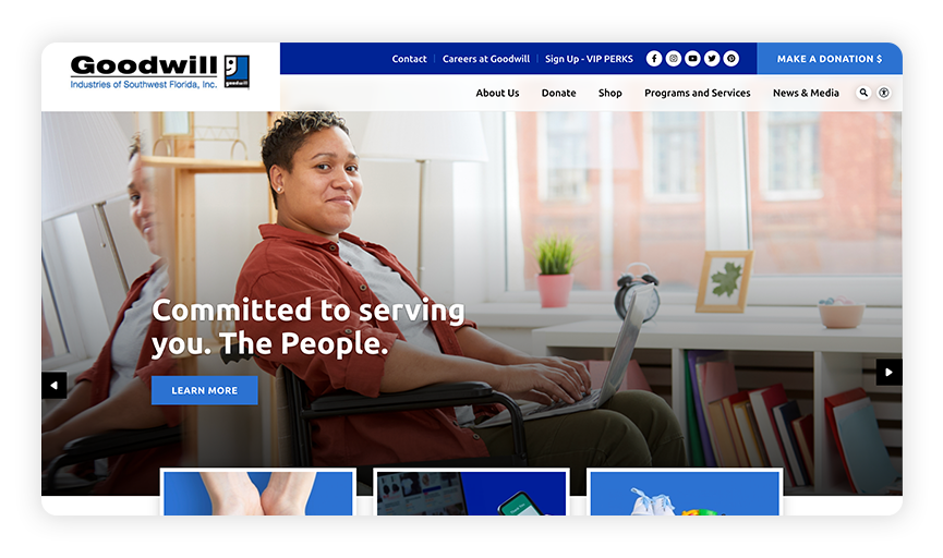 This a screenshot of the Goodwill Industries of Southwest Florida, one of the best nonprofit websites.