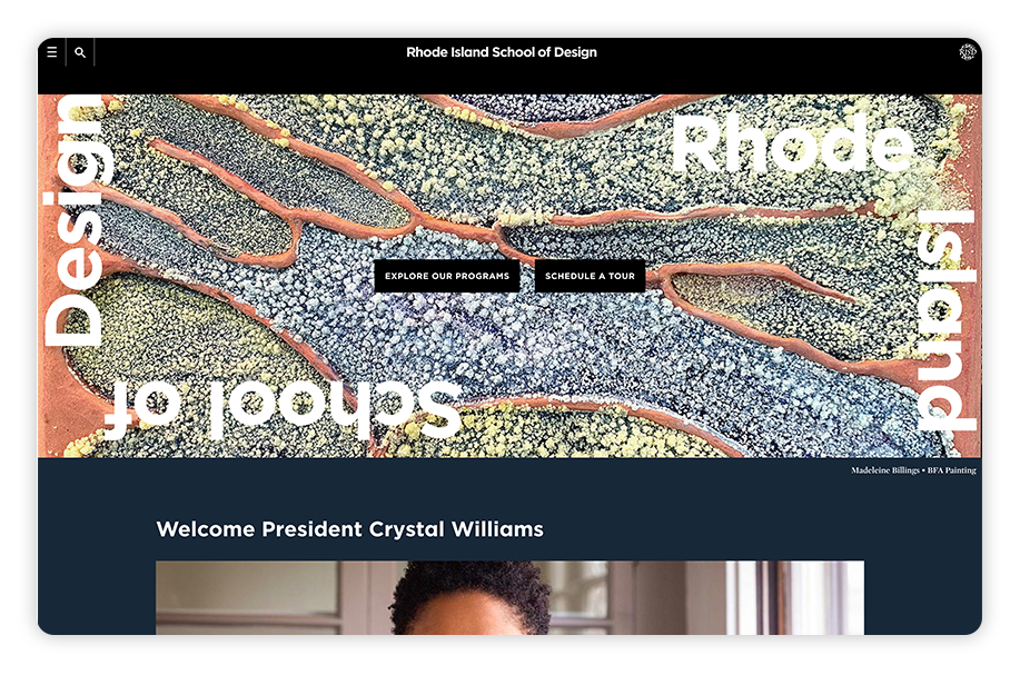 Rhode Island School of Design naturally incorporates students' work into its college website design.
