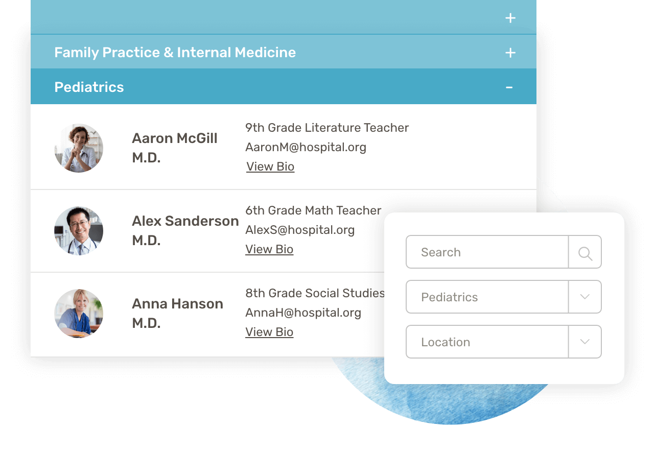 Patients can easily navigate through doctor profile pages on your healthcare website with Morweb’s Doctor Directory Module.