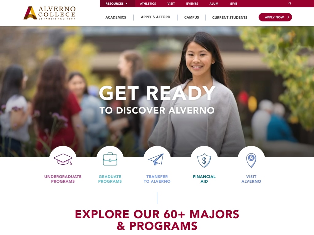 A screetshot of Alverno College' new site