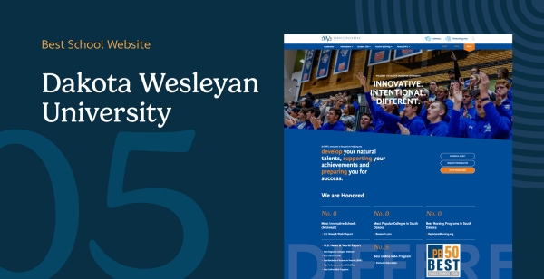 Dakota Wesleyan University homepage with recognition badges, outcome stats, and four conversion CTAs