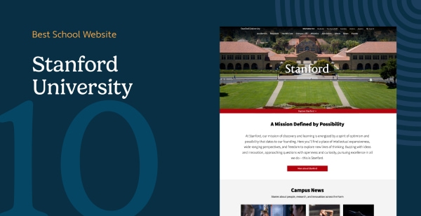 Stanford University homepage showing consistent global header unifying independent school microsites