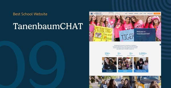 TanenbaumCHAT school homepage showing cultural iconography and dual audience navigation paths