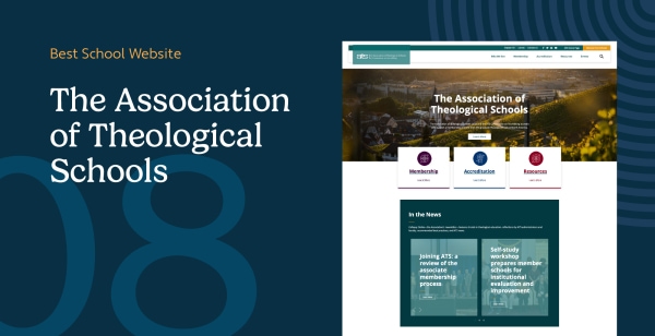 The Association of Theological Schools homepage with three-pillar icon navigation and Find a School directory