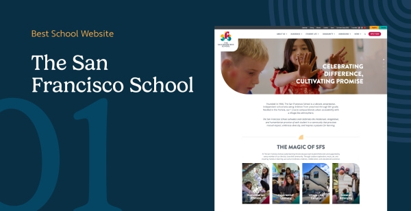 The San Francisco School homepage showing rotating hero taglines, stats dashboard above the fold, and four primary CTAs