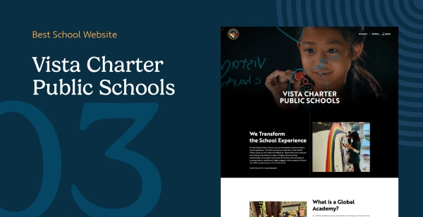 Vista Charter Public Schools homepage with parent and student testimonial videos in the primary scroll path