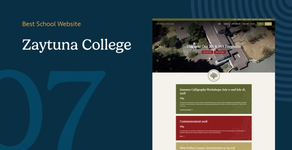 Zaytuna College homepage with interactive curriculum explorer and distinctive typographic identity