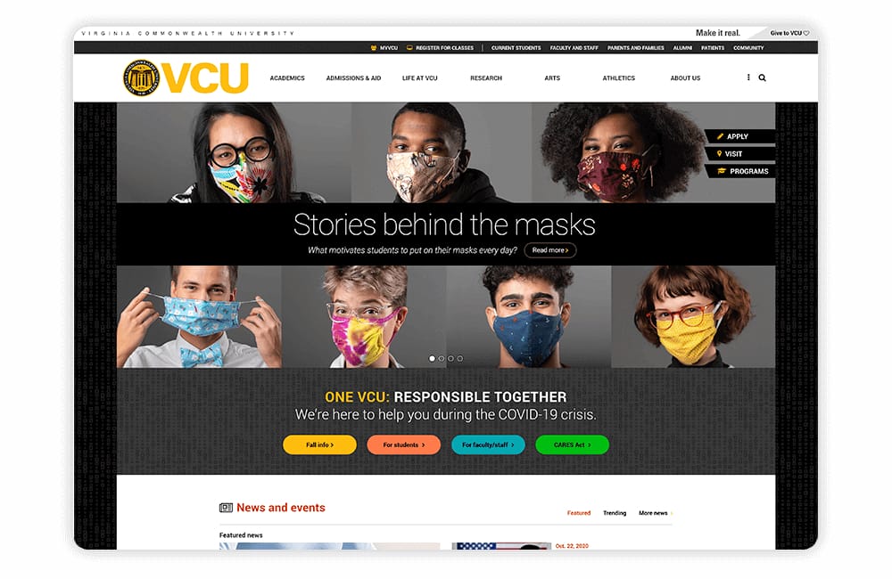 Virginia Commonwealth University features engaging colors and imagery on its university website.