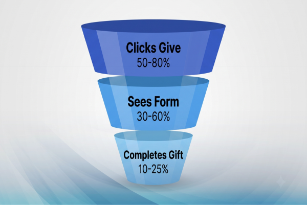 Donation funnel showing where donors drop off between clicking Give and completing the form