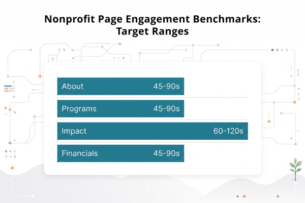 Engagement time targets for key nonprofit website pages: About, Programs, Impact, Financials