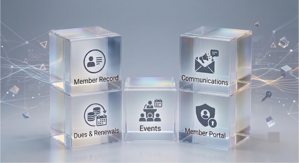 The five core jobs of association management software: member record, dues and renewals, events, communications, and member portal