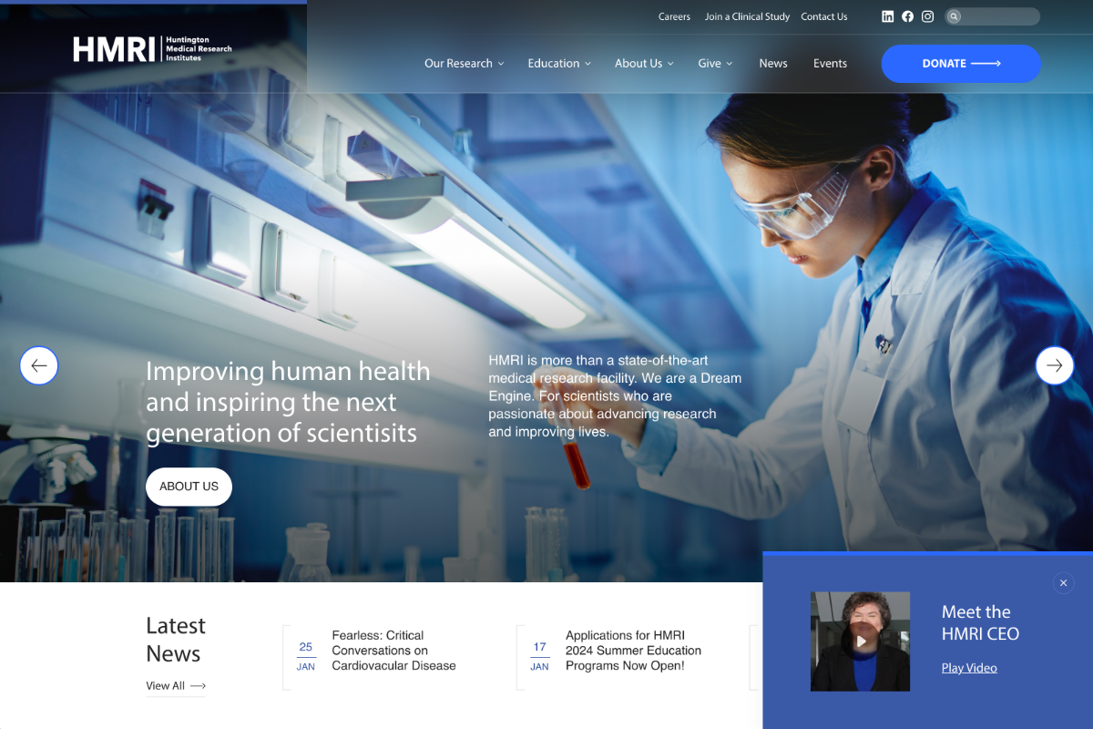 Huntington Medical Research Institutes (HMRI) Website Desktop Preview