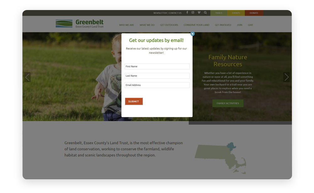 Donor relationships discovery stage: Greenbelt offers a newsletter pop-up form