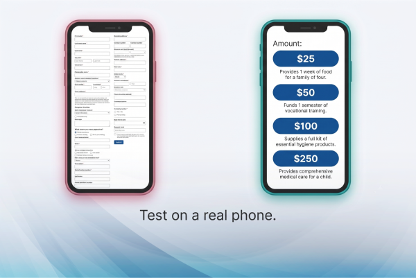 Mobile donation form with proper tap targets versus a desktop form shrunk to fit a phone screen