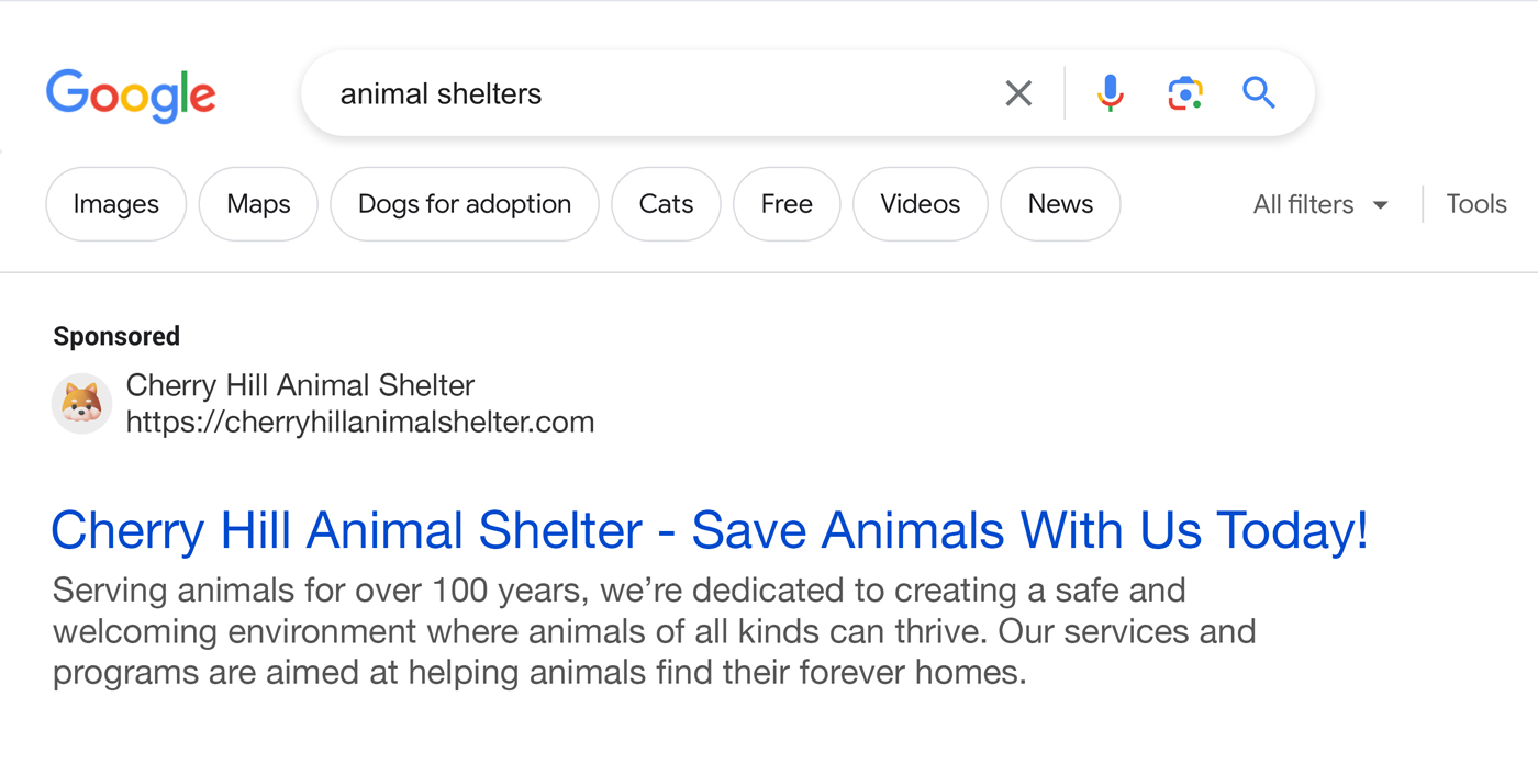 A mockup of an NGO website appearing at the top of a search engine results page, due to its participation in the Google Ad Grant.