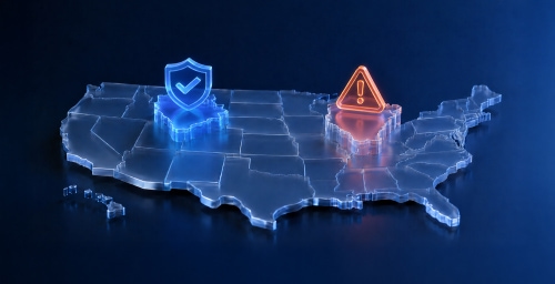 Illustration of a U.S. map with compliance and warning icons, representing state-by-state nonprofit fundraising requirements.