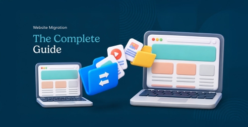 Illustration representing a website migration guide, with files moving between two website screens.