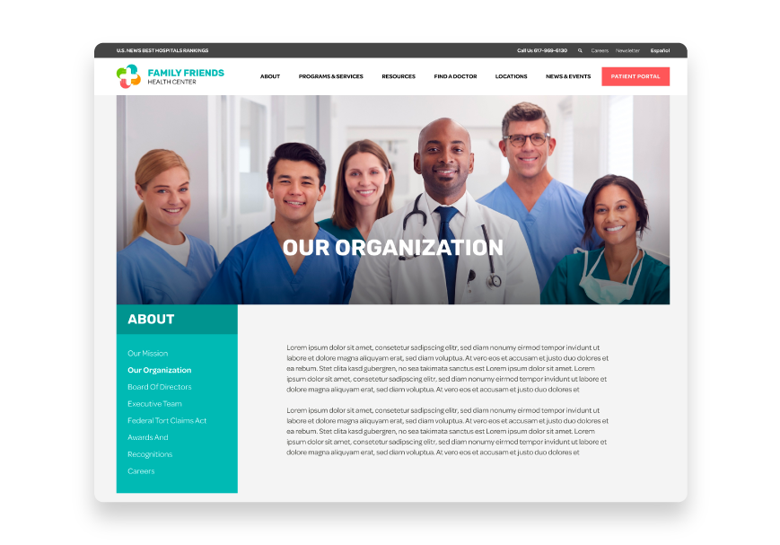 The Family Friends Health Center template features a beautiful "About Us" page design. 