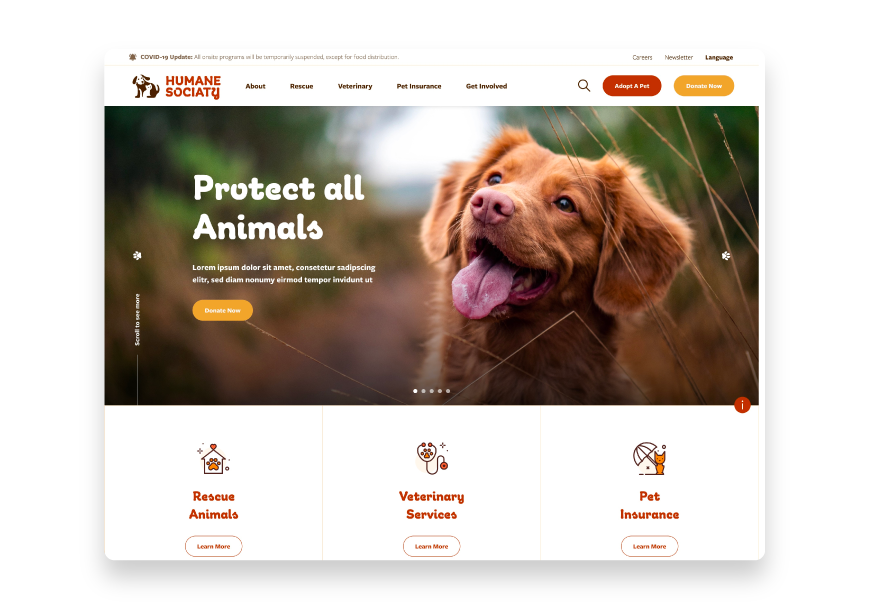 Humane Society #1 is a great charity website template with an inviting aesthetic. 