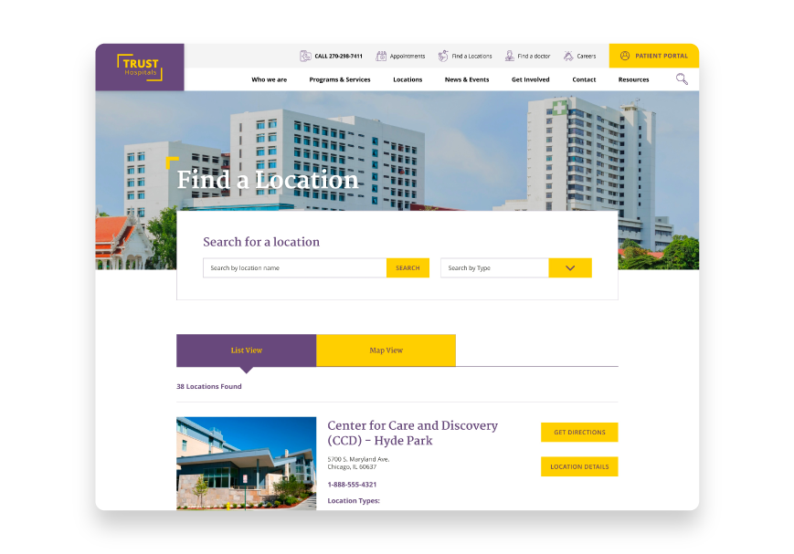 With the Trust Hospitals template, users can easily search an organization's locations. 