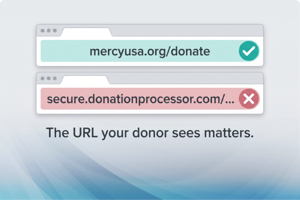 Off-domain donation redirect versus on-domain donation page with consistent branding