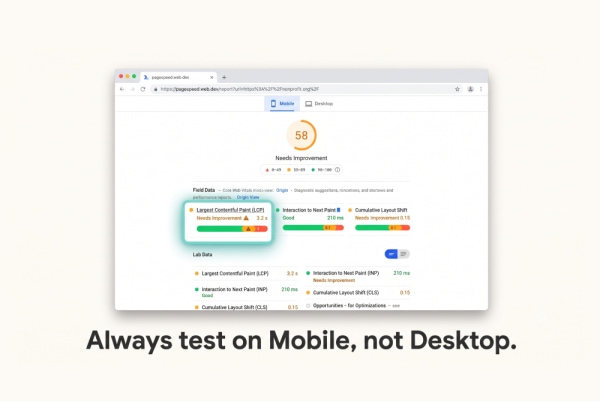 Testing nonprofit website page speed on mobile using Google PageSpeed Insights