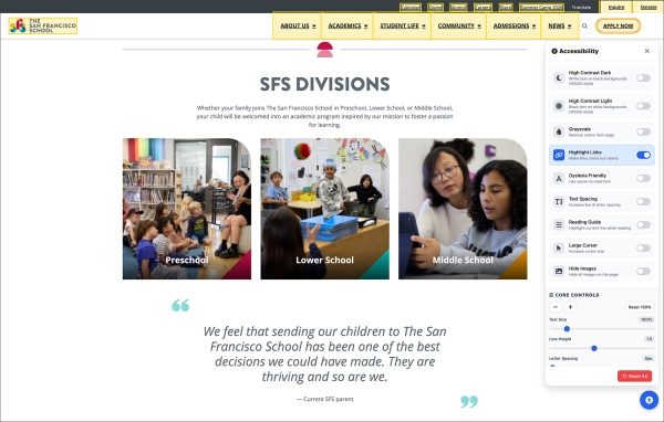Morweb Accessibility Widget being used on SFS homepage