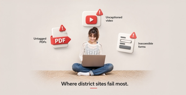 Common school website accessibility failures including untagged PDFs, uncaptioned videos, and inaccessible forms
