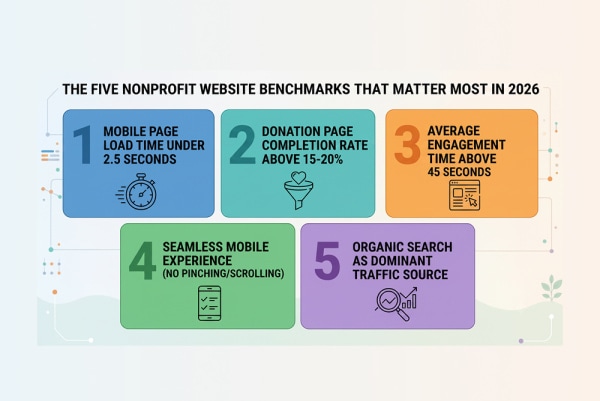 Nonprofit website benchmarks 2026: load time, donation completion, mobile performance, and engagement targets