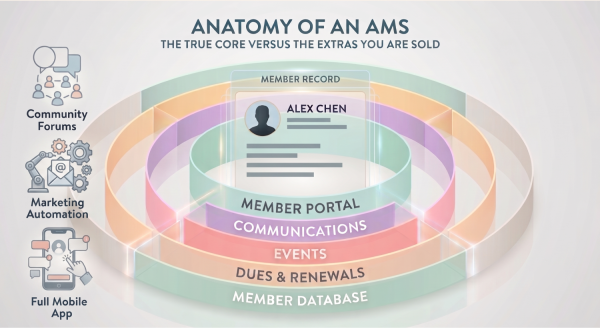 The anatomy of association management software: a member record surrounded by dues, events, communications, and a member portal