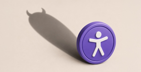 Accessibility widget icon casting a devil-shaped shadow to represent the risks and false security of accessibility overlay tools