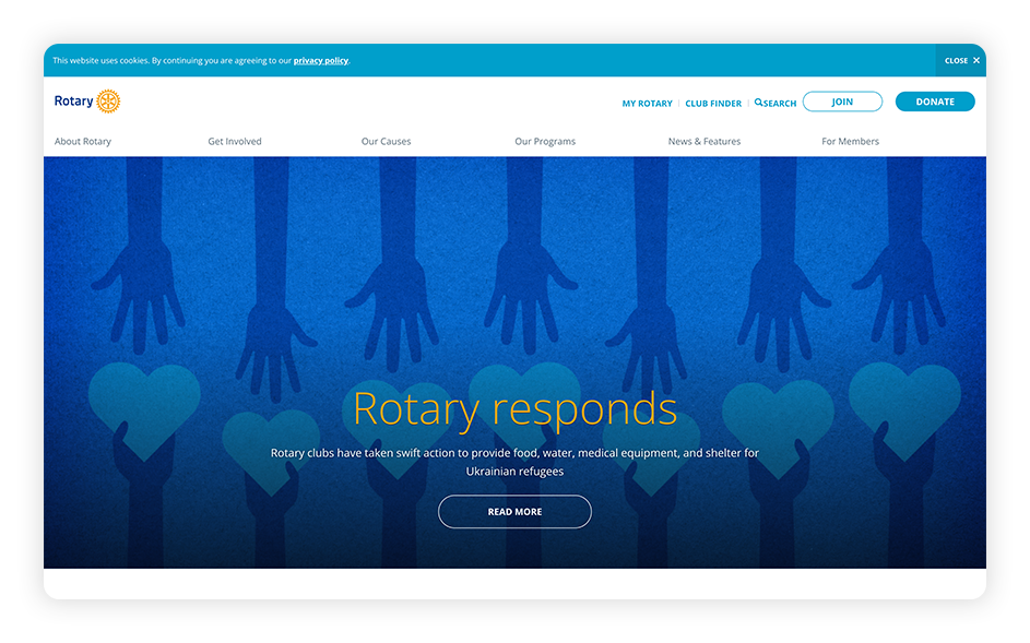 The Rotary International website is one of the best association websites built with a generic website builder.