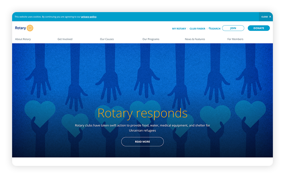 The Rotary International website is one of the best association websites built with a generic website builder.