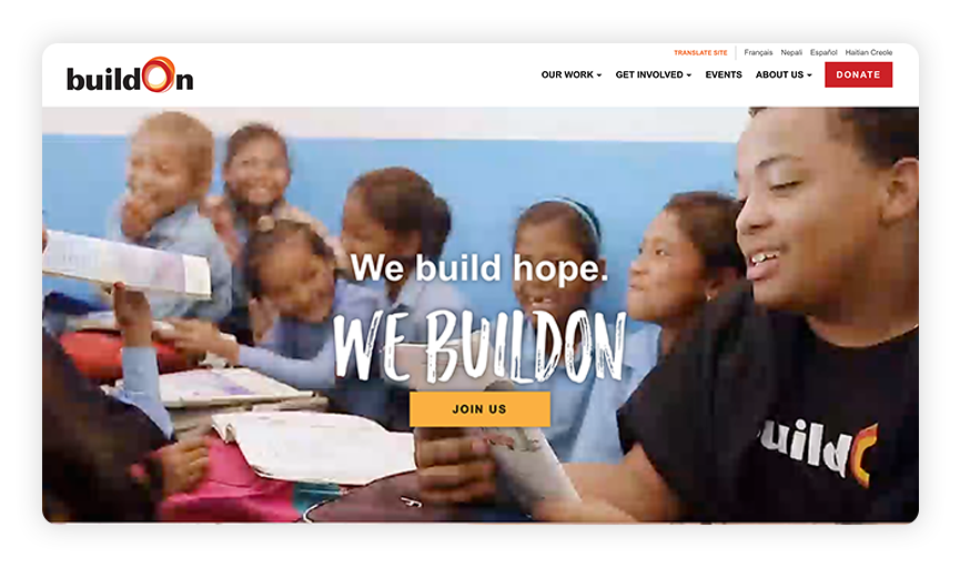 This is a screenshot of the buildOn site, one of the best nonprofit websites.