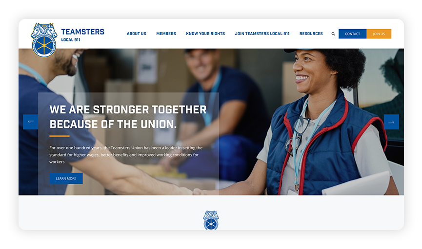 This is a screenshot of the Teamsters Local 911 site, one of the best nonprofit websites.