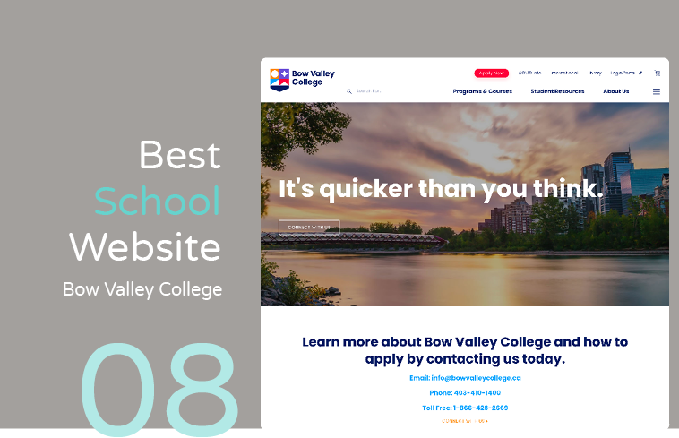 Bow Valley College has a strong homepage in its school website design that spotlights student experiences.