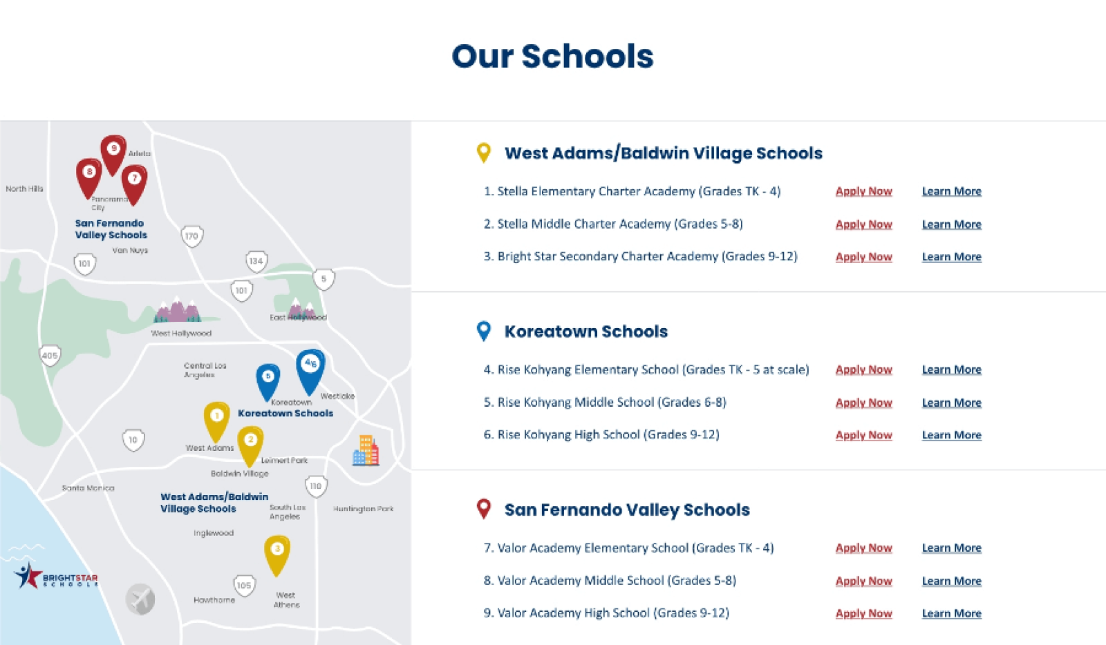 A screenshot of Bright Star Schools' new website