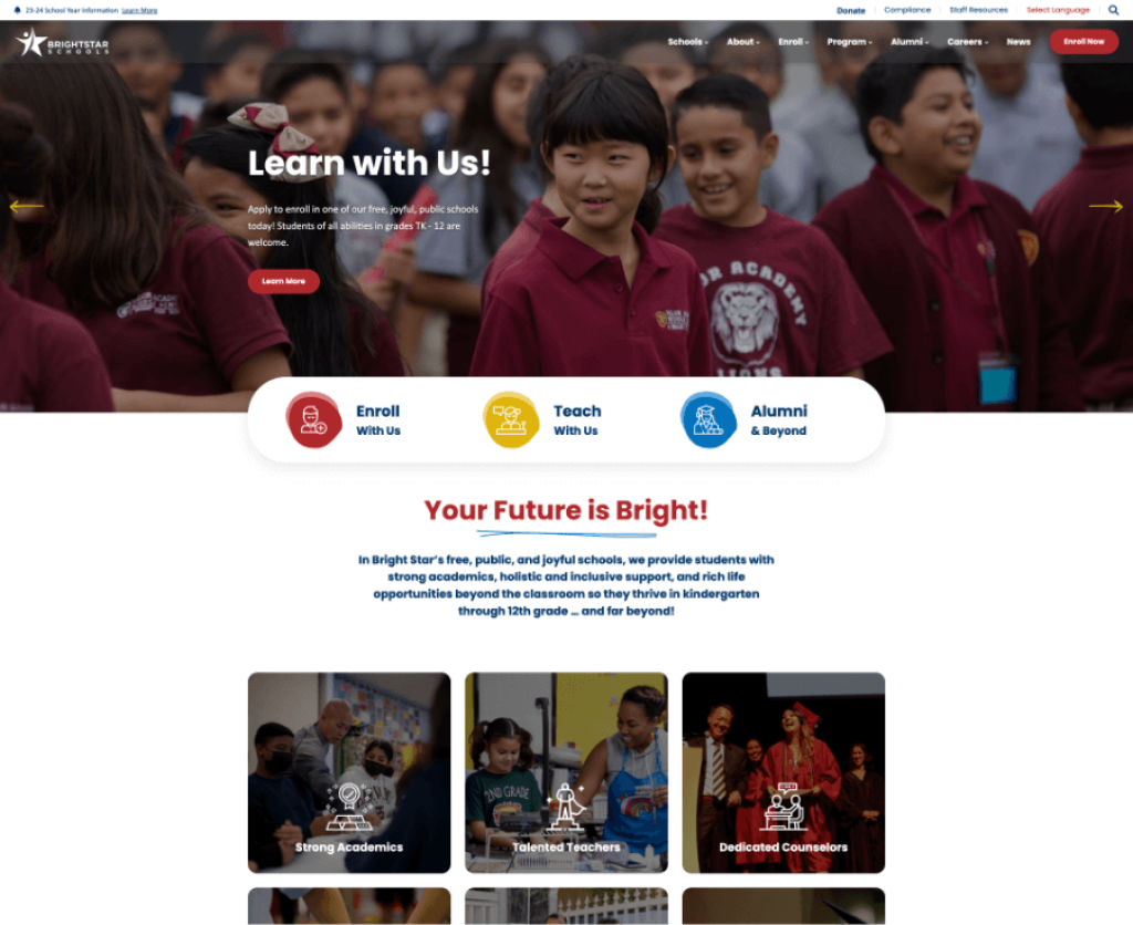 A screetshot of Bright Star Schools' new site