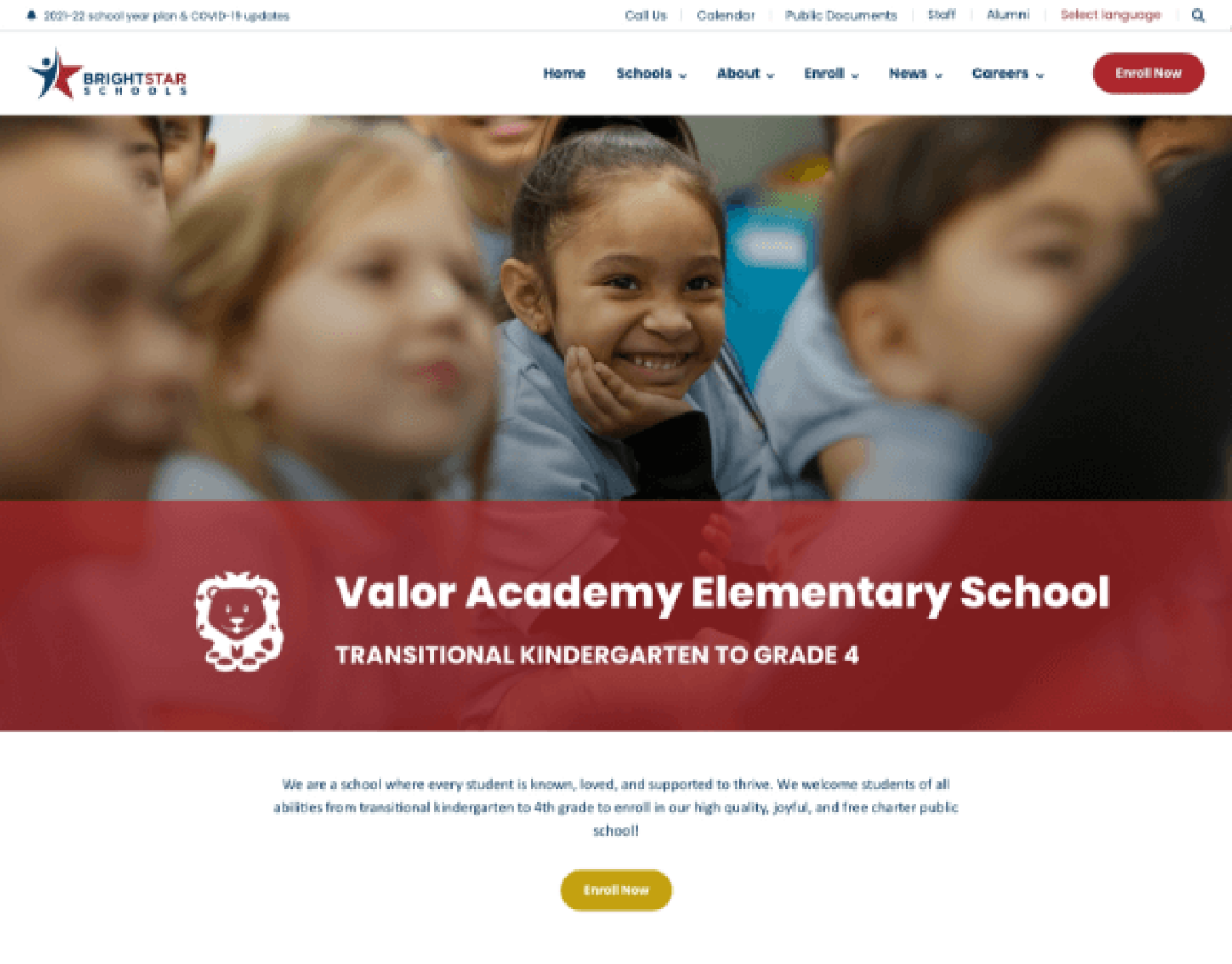 A screenshot of Bright Star Schools' new website