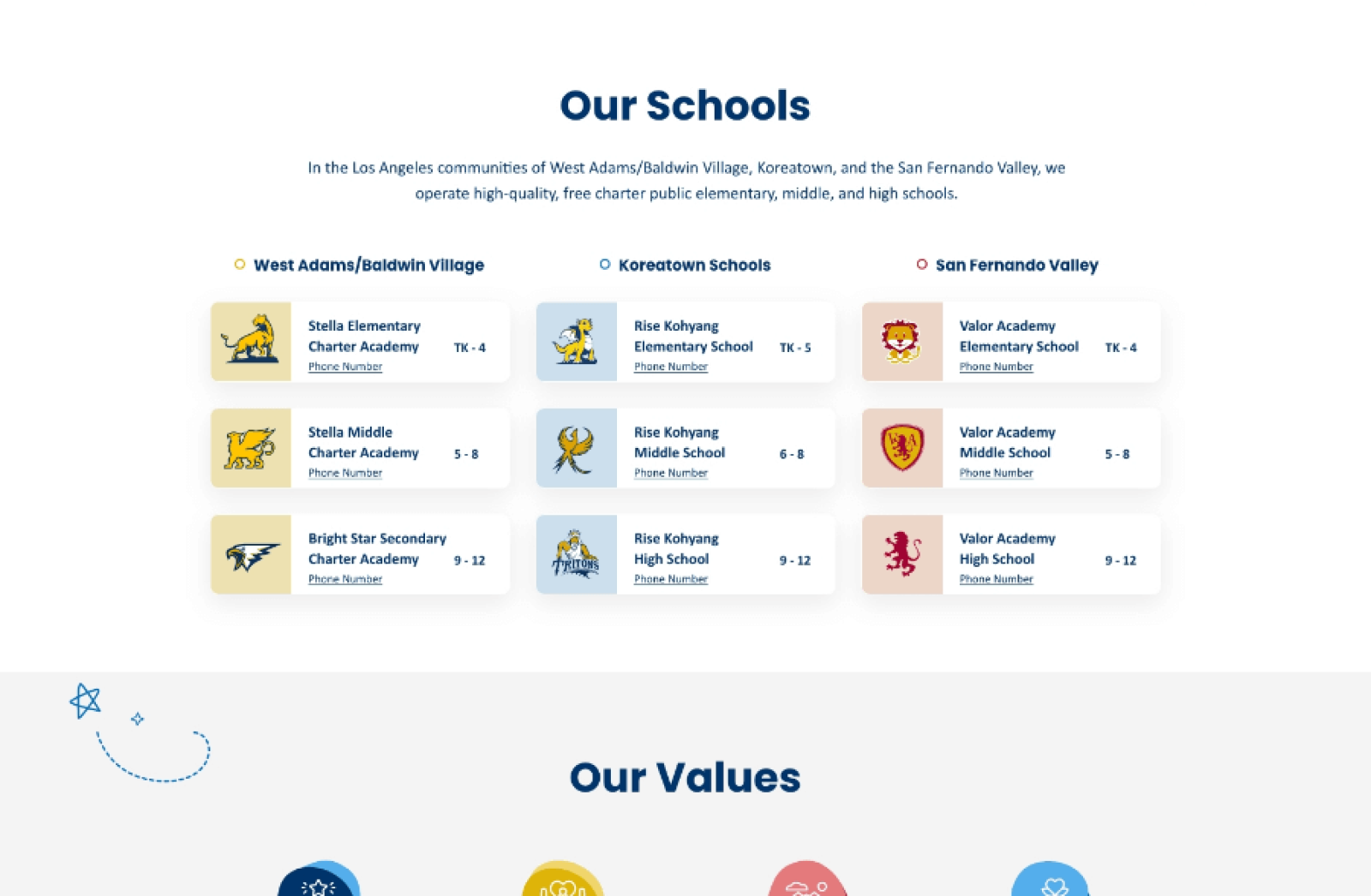 A screenshot of Bright Star Schools' new website