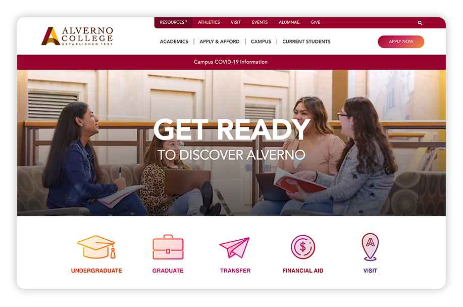 Alverno College is one of the best college websites because of its professional design and well-organized navigation.