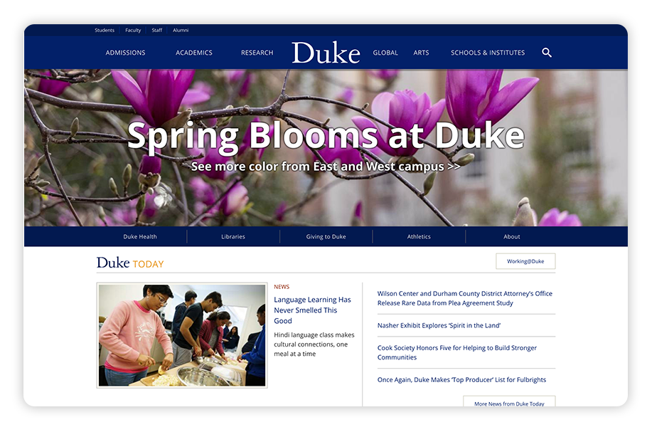 Duke's college website design is accessible and makes donating easy.