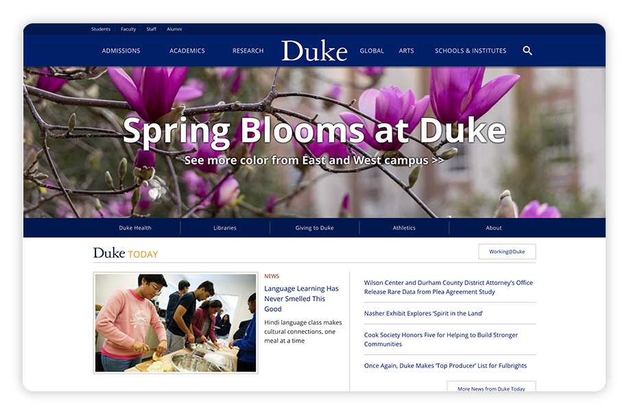 Duke's college website design is accessible and makes donating easy.