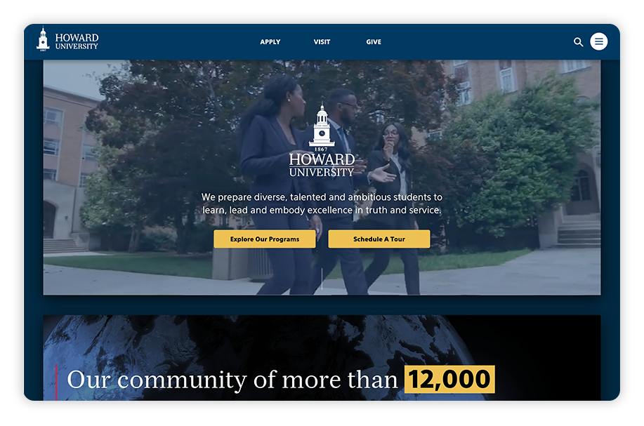 Howard has a strong college website that engages users with a powerful opening video.