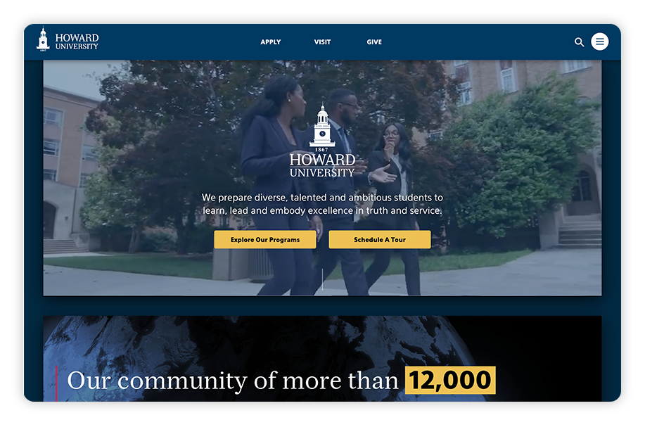 Howard has a strong college website that engages users with a powerful opening video.