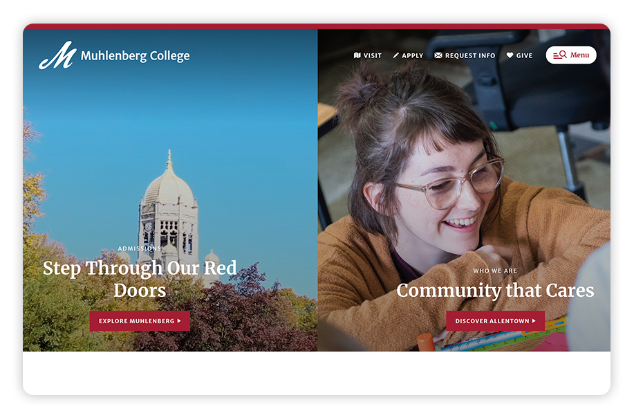 Muhlenberg College uses simplistic menus to guide users through its college website. 