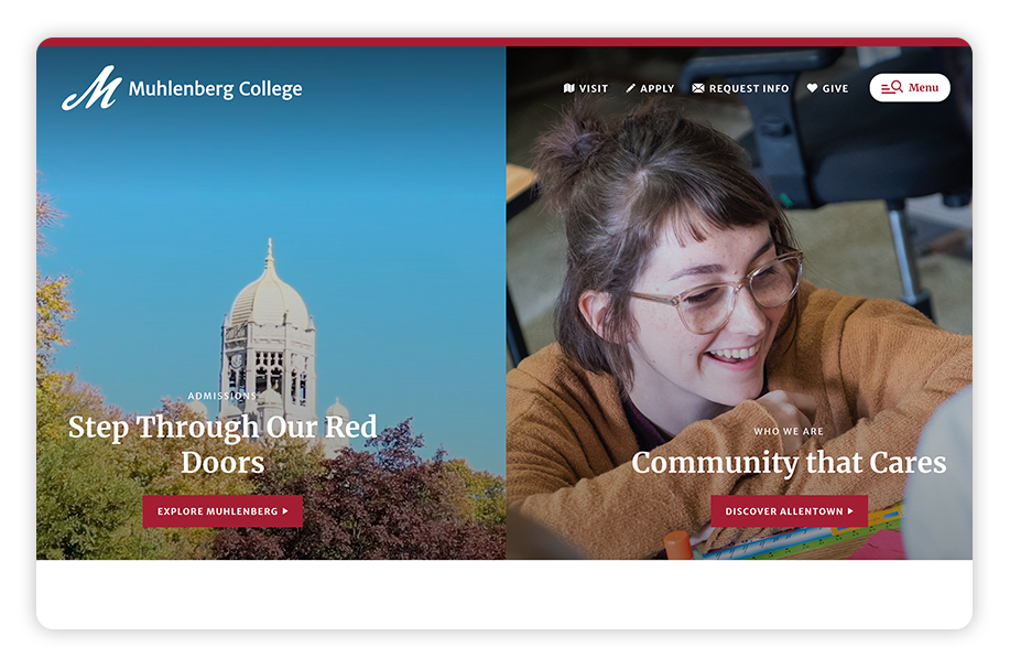 Muhlenberg College uses simplistic menus to guide users through its college website. 