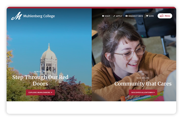 Muhlenberg College uses simplistic menus to guide users through its college website.