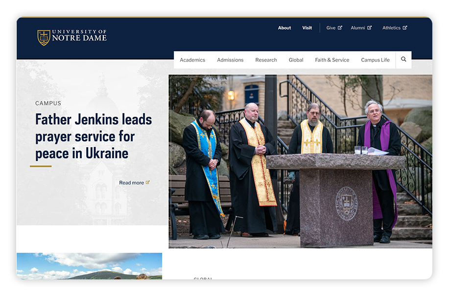 Notre Dame uses strong branding across its college website design.