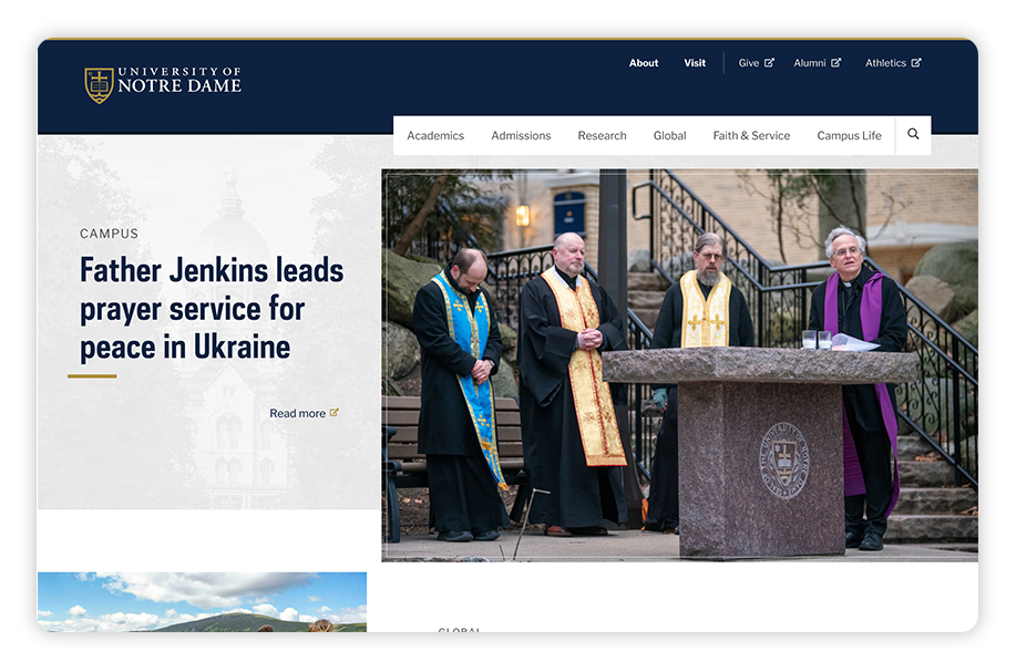 Notre Dame uses strong branding across its college website design.